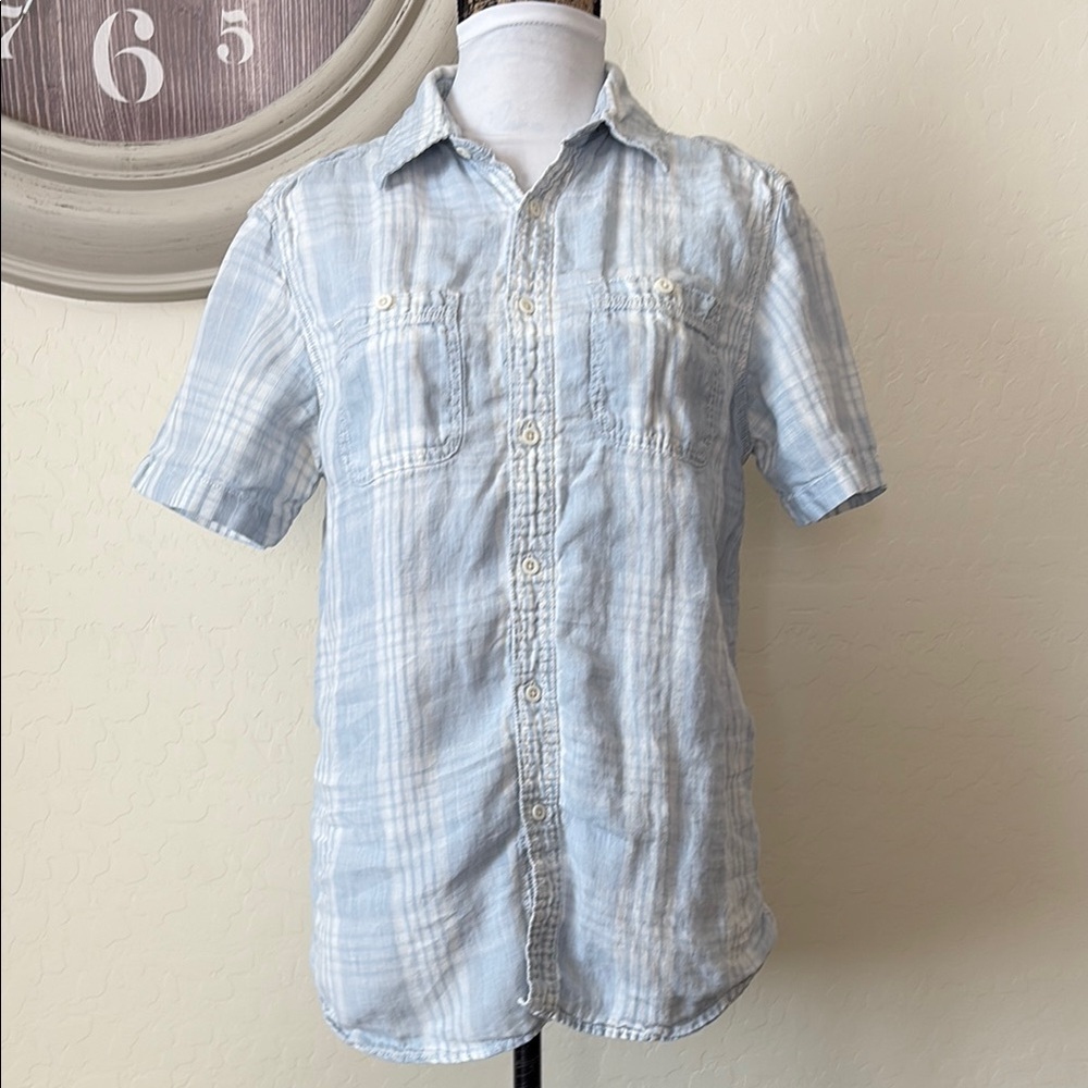 Tre Vero 100% linen Blue Button Down Shirt Casual. M